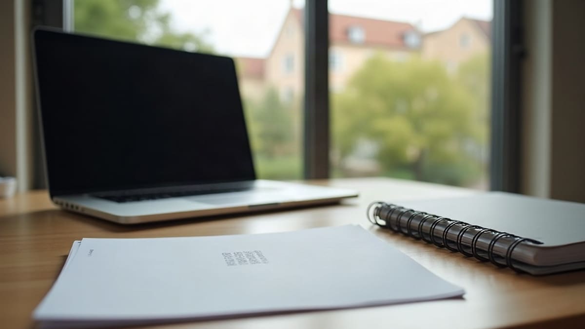 Ordinateur portable et feuille imprimée sur un bureau d’étudiant, campus en arrière-plan