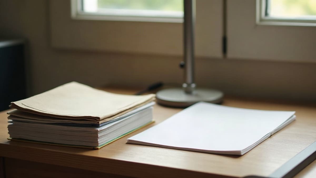 Cahiers et copie d’examen vierge posés sur un bureau en bois