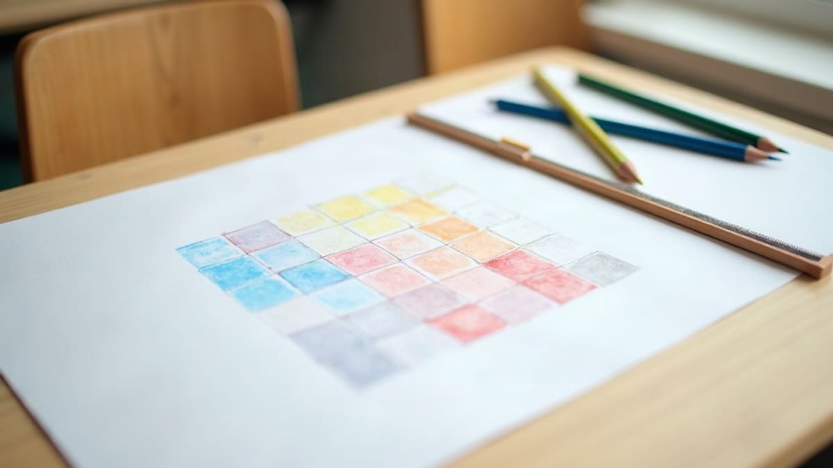 Fiche à colorier à moitié remplie et crayons de couleur sur un bureau d’école