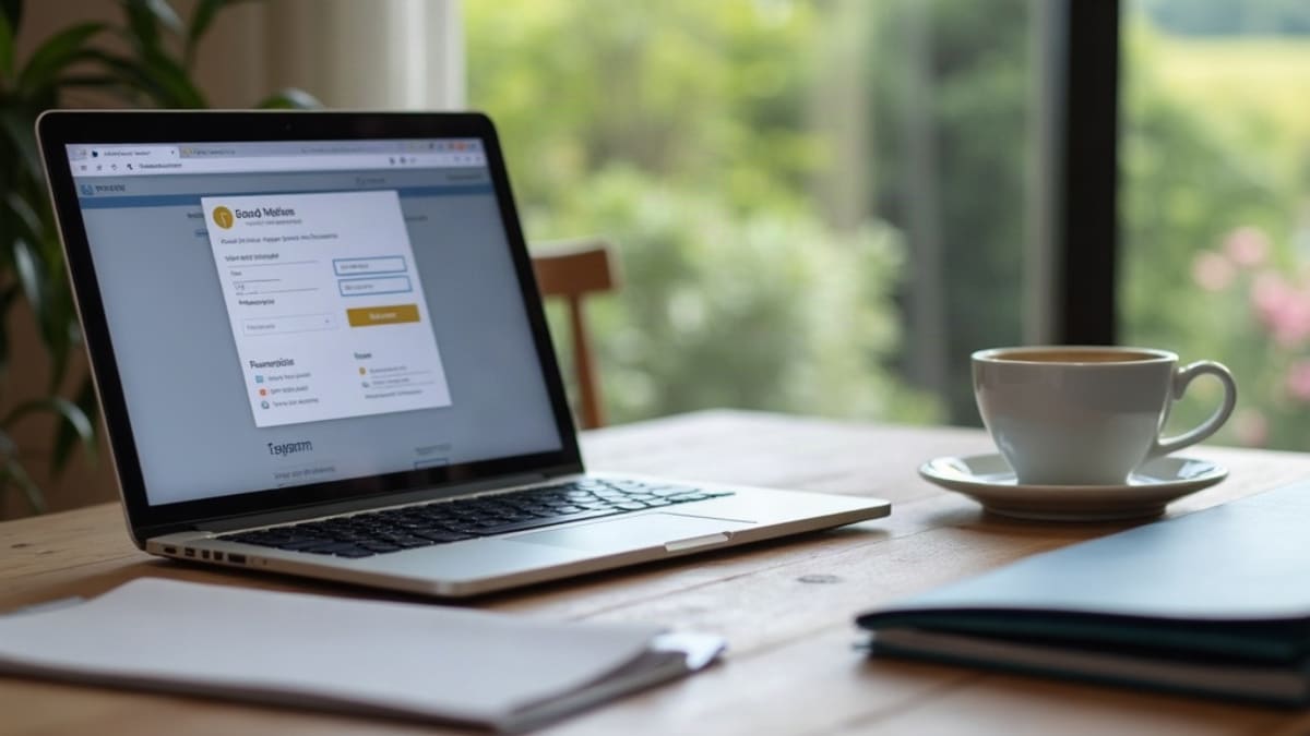 Ordinateur portable ouvert sur un espace en ligne sécurisé, posé sur un bureau à côté d’un dossier fermé