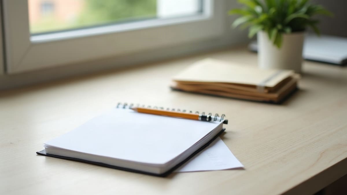Cahier fermé, crayon et petite pile de certificats posés sur un bureau en bois clair près d’une fenêtre