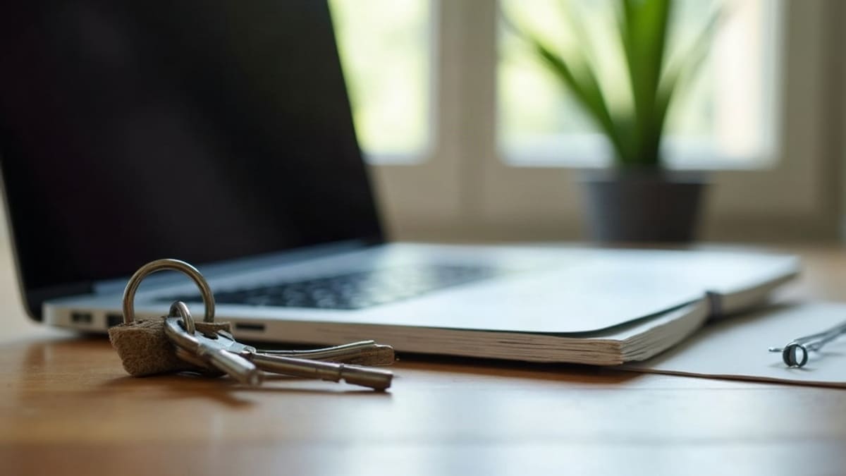 Ordinateur portable et cahier posés sur un bureau de salle des professeurs