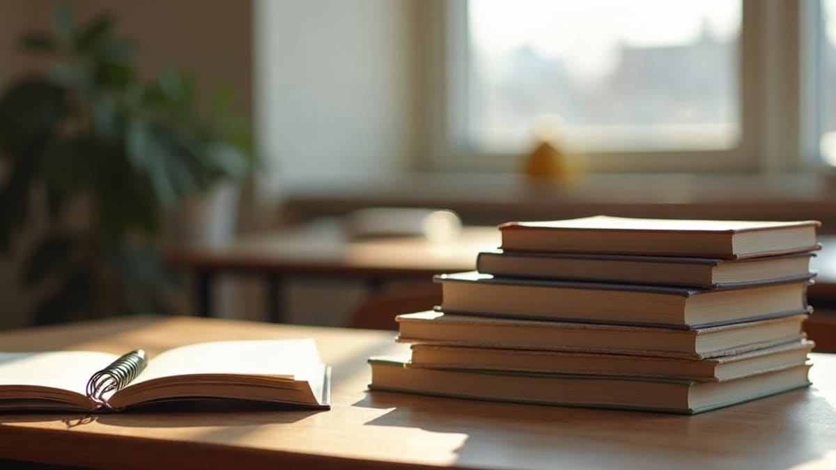 Pile de livres brochés et carnet de lecture fermé sur un bureau de classe