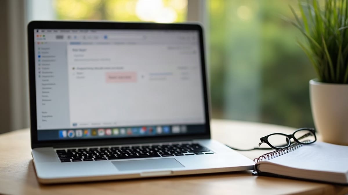 Ordinateur portable affichant une boîte mail floue sur un bureau en bois, à côté d’un carnet fermé