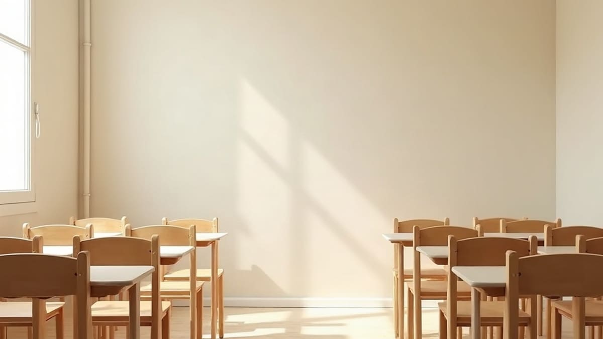 Salle de classe de maternelle avec chaises d’enfants devant un fond uni et un trépied de photographe