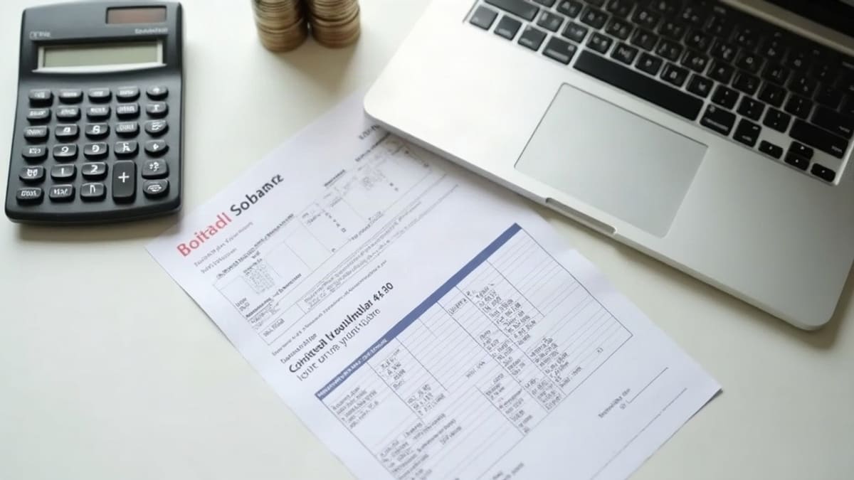 Bureau avec calculatrice, feuille d’avis d’imposition vierge et pièces à côté d’un ordinateur fermé