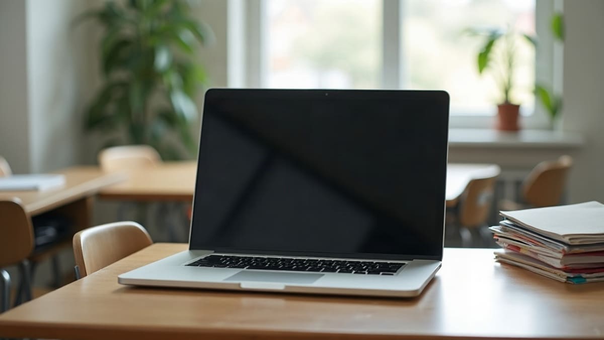 Ordinateur portable posé sur un bureau de salle des professeurs