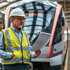 Ingénieur en gilet et casque inspectant l’avant d’un train électrique