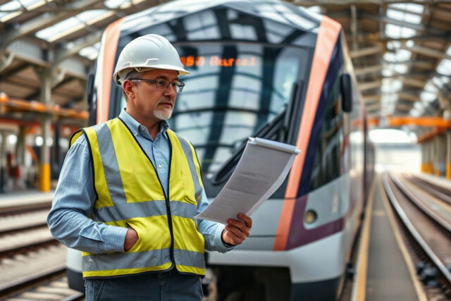 Ingénieur en gilet et casque inspectant l’avant d’un train électrique